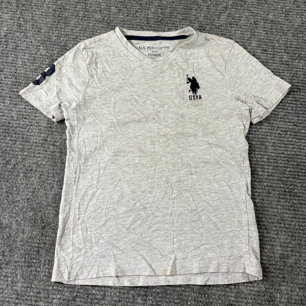 US Polo Assn Kids Boys Gray V-Neck T-Shirt Size M 8 Embroidered Logo Short